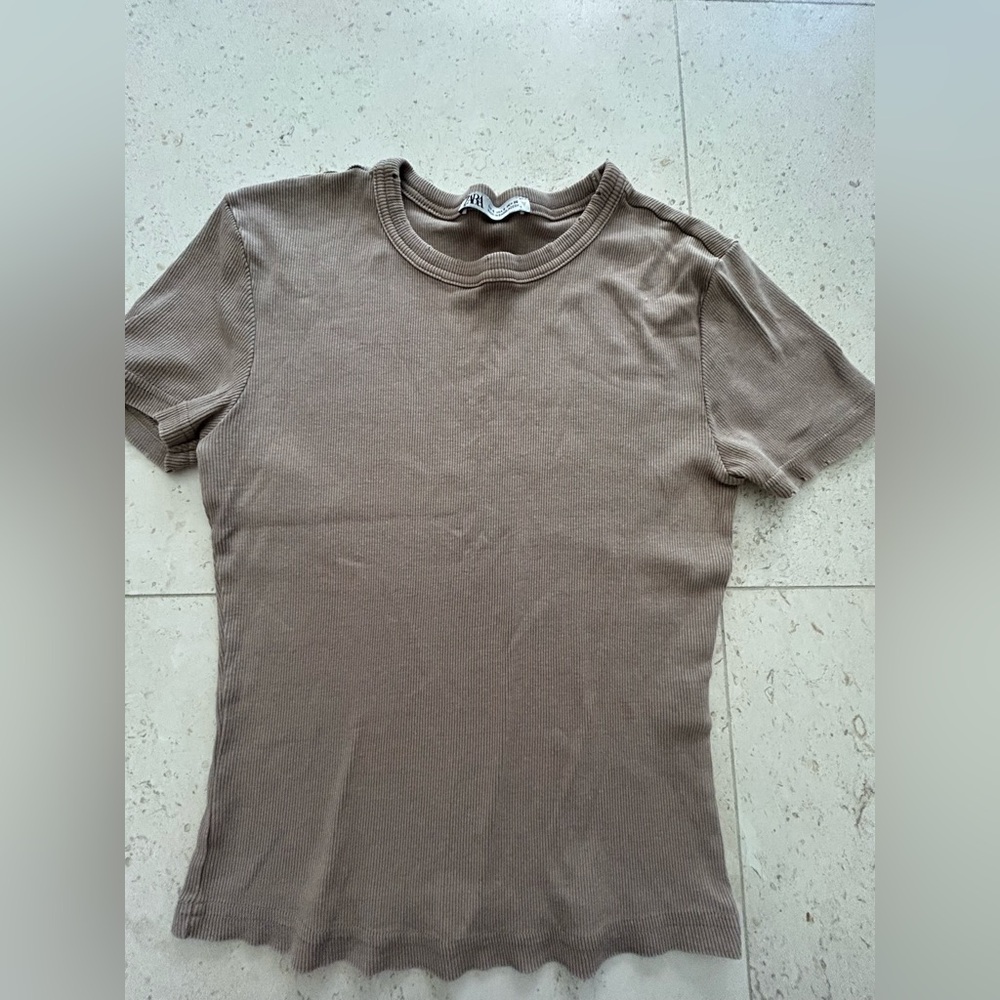 Zara Taupe Short Sleeve Ribbed Top